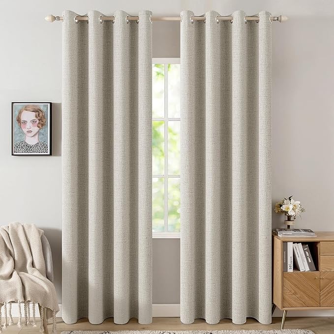 MIULEE 100% Blackout Linen Curtains for Bedroom Thermal Insulated Cobblestone Grommet Room Darkening Curtains & Drapes for Living Room Nursery 52 x 96 Inch (2 Panels)