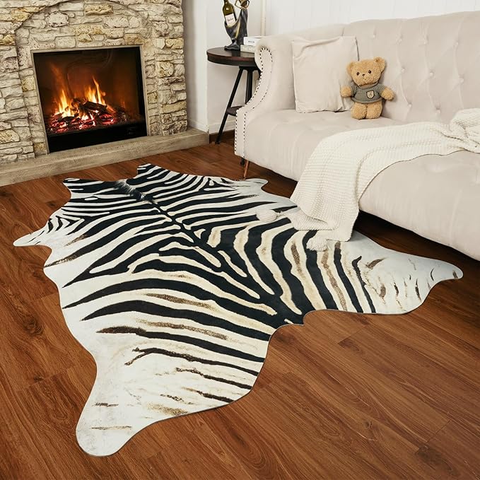 AROGAN Western Faux Fur Zebra Rug, 6.2x7 Feet Premium Animal Skin Print Rug, Sturdy Faux Zebra Hide Rugs for Wall Decor, Western Floor Carpet for Bedroom Living Room, Black and White