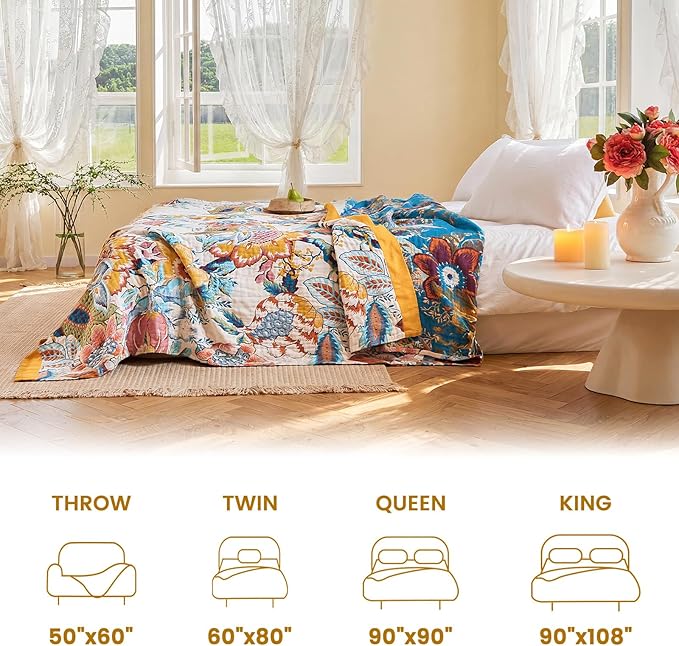 MSGKV Boho Throw Blanket 90"x90" Floral Cotton Blanket for Bed Spring Breathable Lightweight Farmhouse Queen Blankets Home Decor Muslin All Seasons