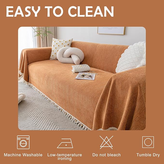 HANDONTIME Dark Orange Sofa Covers Couch Cover for Dogs Colorful Tassel Lovetseat Cover Pet Couch Cover Bohemian Sofa Cover for Couch Vintage Boho Couch Covers Futon Cover Pet-Friendly, 91" X134"