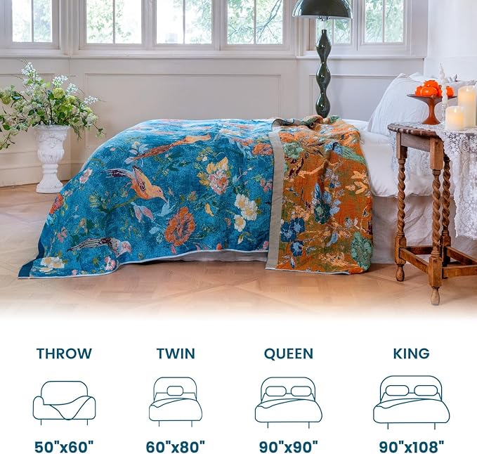 MSGKV Boho Throw Blanket for Couch 50"x60" Cotton Blanket with Floral and Bird Spring Breathable Lightweight Farmhouse Decorative Blankets for Sofa Muslin All Seasons
