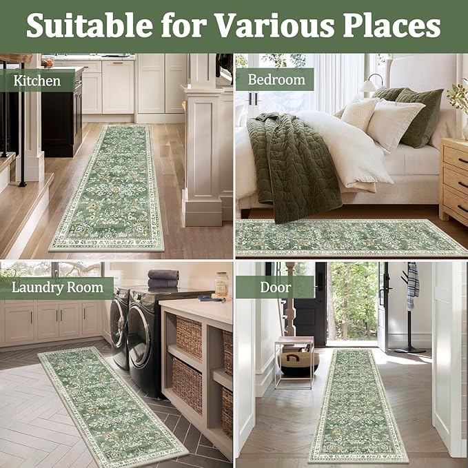 Yamaziot Washable Runner Rug 2x5 – Non Slip Boho Floral Hallway Runner Rug with Rubber Backing, Low Pile Faux Wool Distressed Carpet for Kitchen, Laundry, Bedroom, Entrance, Green