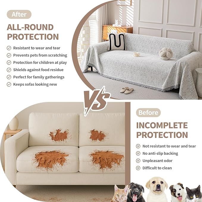 Couch Cover for Dogs, Boho Sofa Covers for 3 Cushion Couch, Chenille Slipcover for Pets Washable, L-Shape Sectional Couch Loveseat Cover Soft Throw Blankets with Tassels(91x118,Speckled Grey)