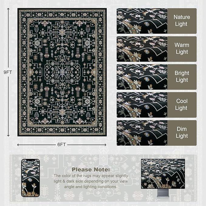 6x9 Area Rugs Living Room Rug: Washable Vintage Boho Medallion Rug No Slip Stain Resistant Soft Carpet Indoor Floor Large Carpets for Bedroom Dining Room Farmhouse Nursery Hallway Home Office Black
