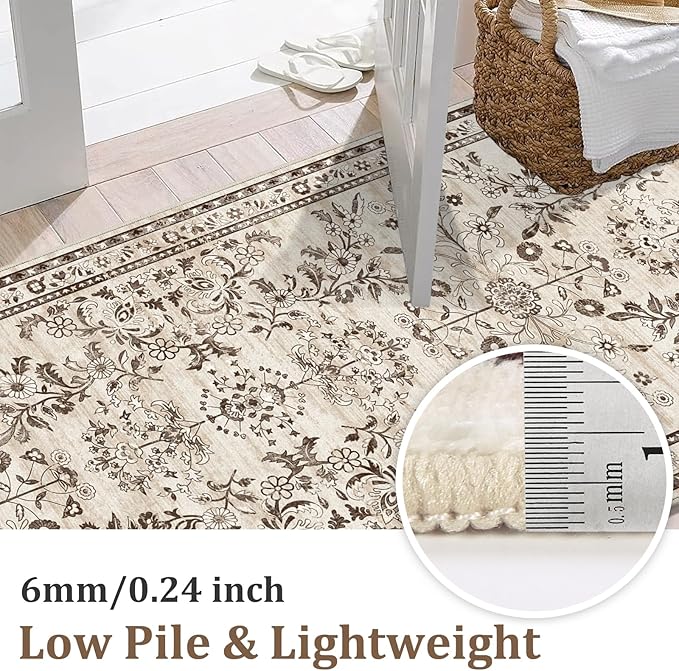 Yamaziot Washable Runner Rug 2x6 – Non Slip Boho Floral Hallway Runner Rug with Rubber Backing, Low Pile Faux Wool Distressed Carpet for Kitchen, Laundry, Bedroom, Entrance, Brown