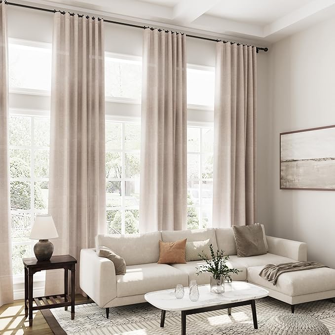 Extra Long Curtain 108 Inches Long 2 Panels Set Back Tab Oatmeal Linen Drapes for Living Room Neutral Farmhouse Light Filtering Semi Sheer Linen Curtains 108 Inch Length for Large Window 9 FT Tall