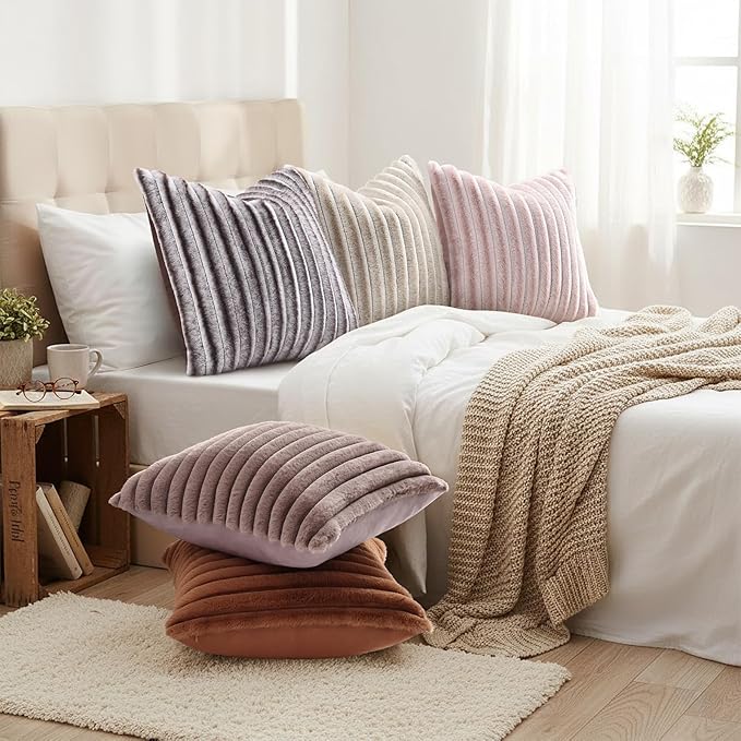 decorUhome Cozy Faux Fur Throw Pillow Covers 20x20 Set of 2 Decorative Soft Plush Striped Modern Farmhouse Boho Couch Pillow Cases with Velvet Back for Sofa Bed Living Room, Brown