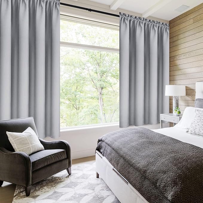 DWCN Blackout Curtains Room Darkening Thermal Insulated Bedroom Curtains Window Curtain Panels, 42 x 45 inches Long, Set of 2 Silver Grey Rod Pocket Drapes