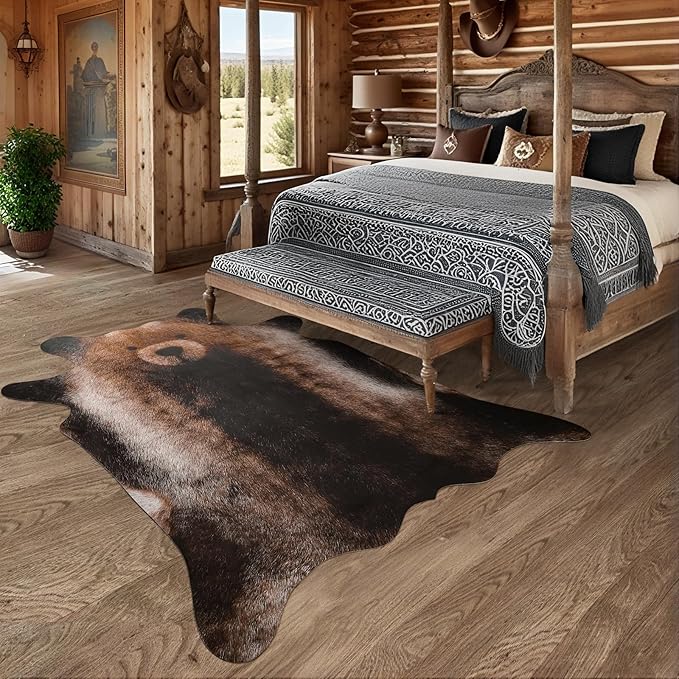 AROGAN Premium Bear Print Rug 5.2x6.2 Feet, Machine Washable Faux Fur Rug, Non-Slip Animal Print Hide Bear Skin Area Rug for Bedroom Living Room Home Decor