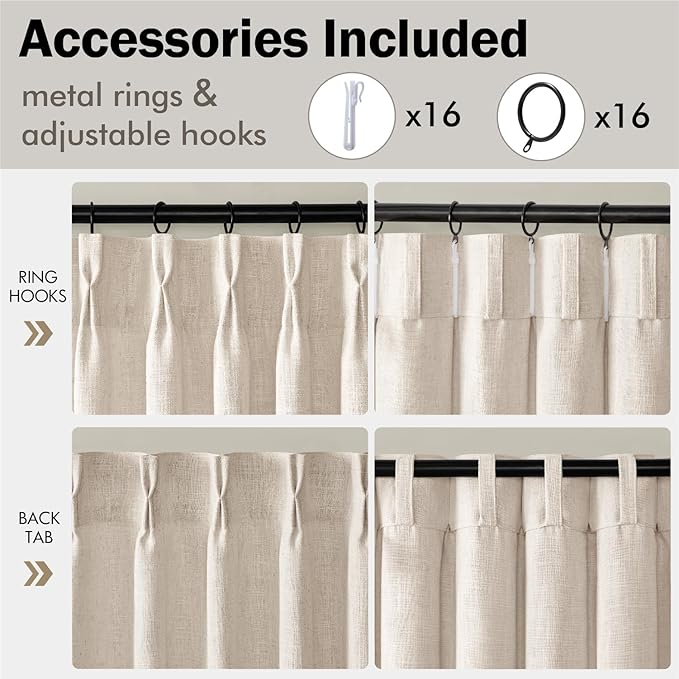 MIULEE Pinch Pleated Thick Linen Curtains 90 Inches Long 2 Panels for Living Room Bedroom, Linen Textured Memory Trained Pleat Drapes Back Tab Light Filtering Cream Ivory Window Curtains with Hooks