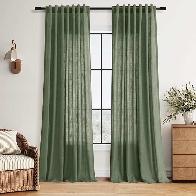 Nanspring Forest Green Linen Curtains for Living Room 90 Inches Long Light Filtering Semi Sheer Curtain Back Tab and Rod Pocket Wabi Sabi Boho Decor Luxury Drapes for Bedroom Office 52x90, 2 Panels