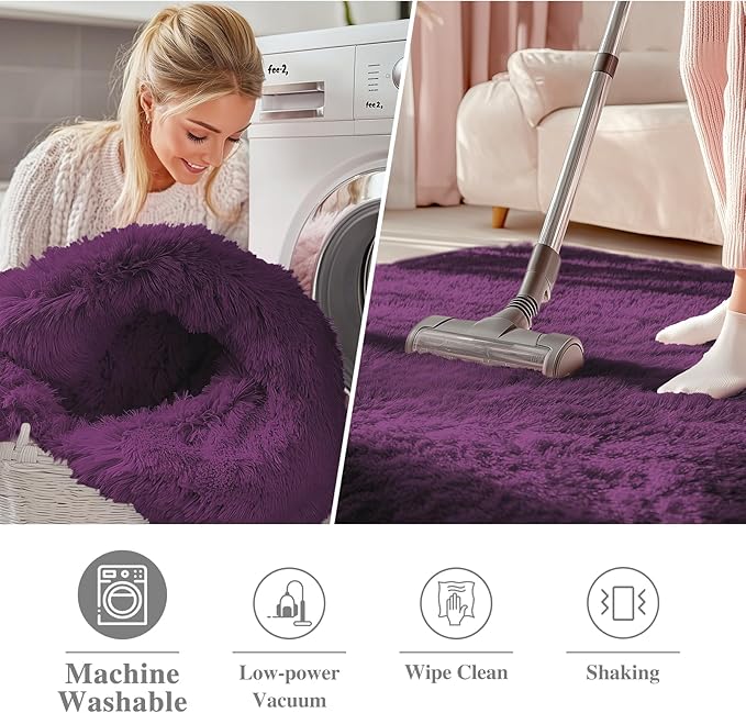 OLANLY Dark Purple Round Rugs for Bedroom - Machine Washable, 8 ft Circle Area Rugs for Living Room, Soft and Fluffy Shaggy Carpet for Teen Girl and Boys, Nursery Rooms, Dorms, Home Decor Aesthetic