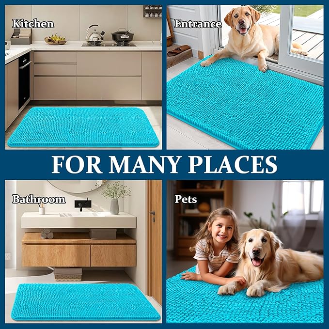 OLANLY Dog Door Mat for Muddy Paws 59x24, Absorbs Moisture and Dirt, Absorbent Non-Slip Washable Doormat, Quick Dry Chenille Mud Mat for Dogs, Entry Indoor Entryway Carpet for Inside Floor, Aqua Blue