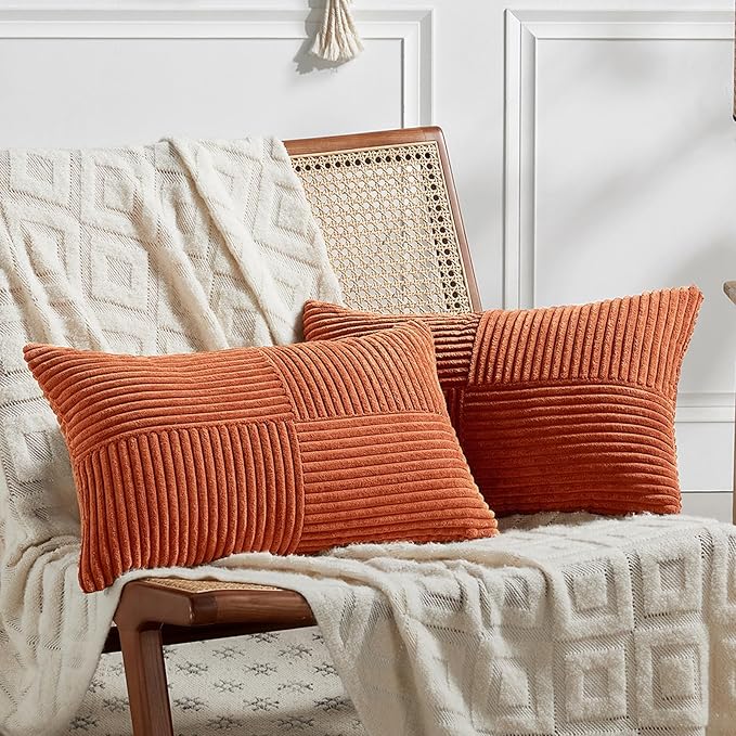 Fancy Homi Set of 2 Burnt Orange Lumbar Decorative Throw Pillow Covers 16x28 Inch for Living Room Couch Bed, Boho Farmhouse Fall Home Decor, Soft Corduroy Corss Patchwork Cushion Case 40x70 cm