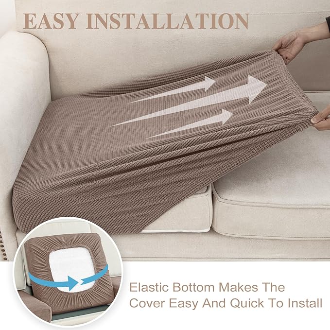 Couch Cushion Covers for Sectional Sofa L Shape Washable Separate Seat Chaise Couch Cover Stretch Sofa Slipcovers with 2 Pcs Pillowcases(2 Seater + 1 Chaise, Khaki)