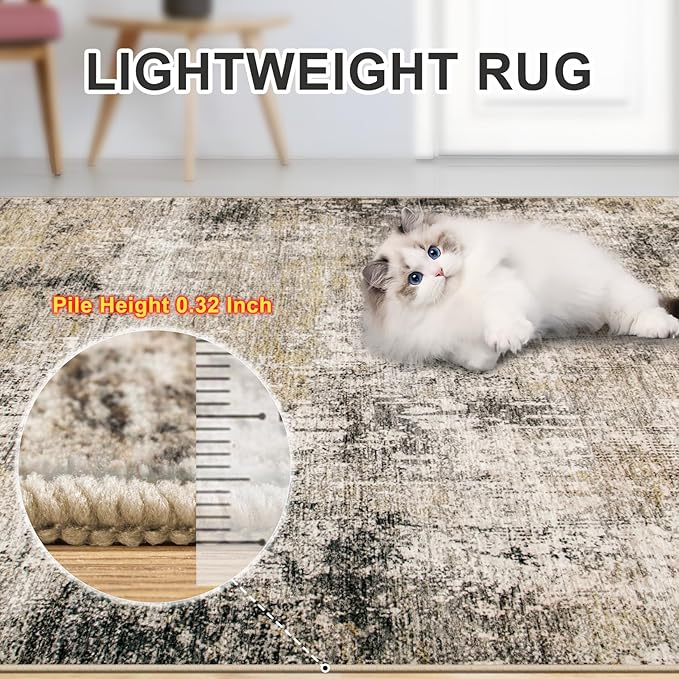 Area Rugs 10x12 Living Room - Washable Rug Modern Abstract Soft Large Neutral Non-Slip Carpet Indoor Floor Thin Carpets for Bedroom Dining Room Farmhouse Nursery Home Office Brown Black Grey