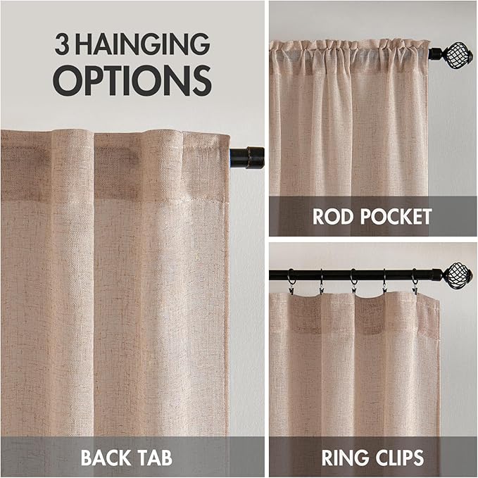 MIULEE Natural Beige Linen Curtains 63 Inch Length 2 Panels for Bedroom Living Room, Soft Linen Textured Window Drapes Semi Sheer Light Filtering Back Tab Rod Pocket Farmhouse Burlap Look Decor