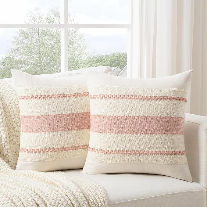 Fancy Homi Set of 1 Boho Pink Decorative Throw Pillow Cover 20x20 Inch for Couch Bed Sofa, Aesthetic Modern Organic Farmhouse Home Decor, Soft Cotton Cute Accent Macrame Woven Cushion Case