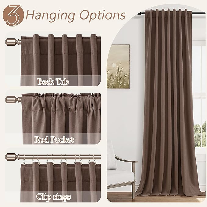 Guken Cappuccino 100% Blackout Linen Curtains 84 Inch Length 2 Panels Set for Living Room Bedroom Back Tab/Rod Pocket Thermal Insulated Farmhouse Black Out Drapes Room Darkening,52x84