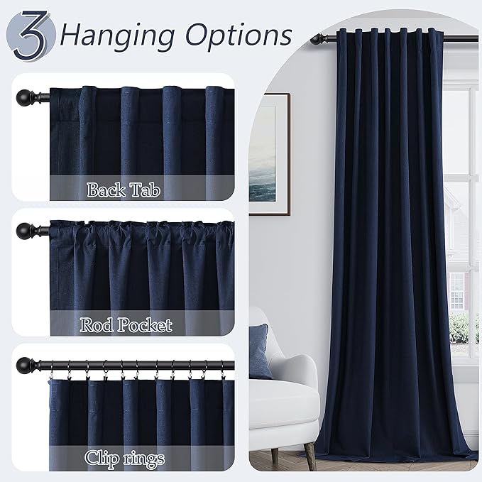 Guken Navy Blue 100% Blackout Linen Curtains 102 Inch Length 2 Panels Set for Living Room Bedroom Back Tab Thermal Insulated Black Out Linen Drapes Room Darkening Window Curtains,52x102