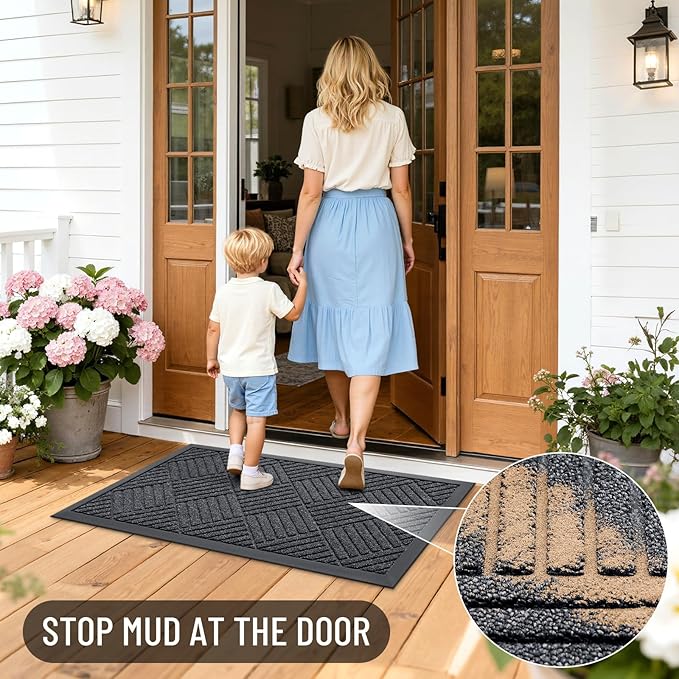 OLANLY Front Door Mat Outside Entrance 35x23, Absorbent, Heavy Duty Sturdy Natural Rubber Doormat Indoor Outdoor, Stain Fade Resistant, Non-Slip Low Profile Floor Mat for Entryway, Black Gray Diamond