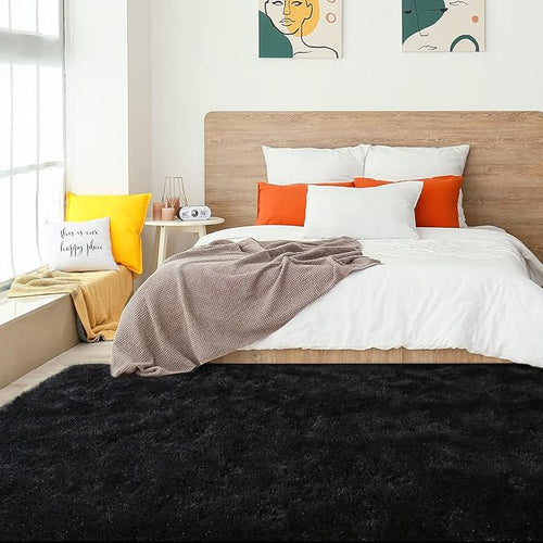 Amearea Shag Fluffy Area Rug for Bedroom Girls Living Room, Extra Soft and Fuzzy Shaggy Rugs, Non Slip, Solid Color Carpet Mat for Boys Nursery Home, Black 6x9 Feet