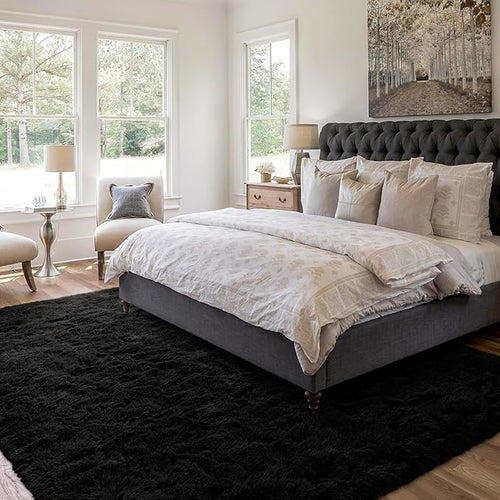 5x7 Ft Shag Black Rug for Bedroom, Tie Dyed Ultra Soft Fluffy Furry Area Rugs for Living Room Indoor Floor, Aesthetic Carpet for Kids Home Decor