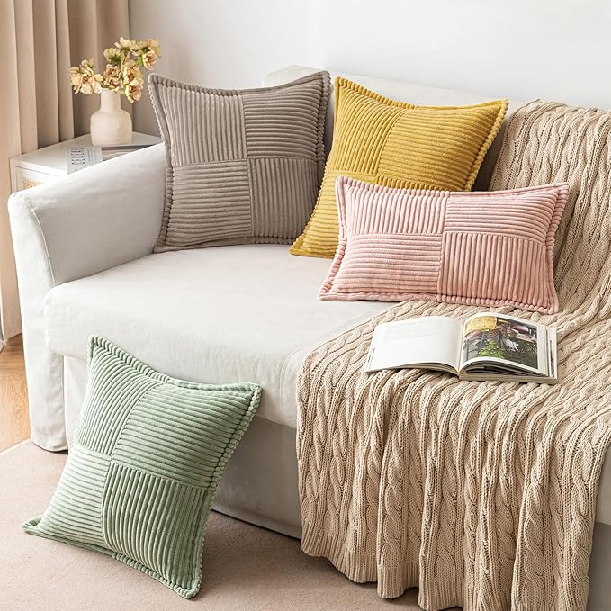 MIULEE Decorative Throw Pillow Covers for Couch Bed Livingroom 20x20 Inch Set of 2 Light Brown Boho Accent Throw Pllows Broadside Striped Patchwork Soft Corduroy Pillowcases