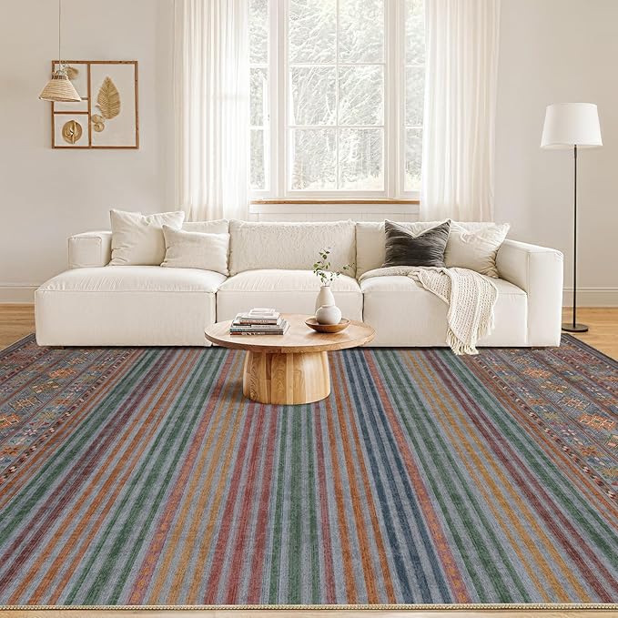 Nakagishi 7X9 Area Rugs Living Room: Washable Large Vintage Rug Neutral Non-Slip Soft Stain Resistant Indoor Carpet for Bedroom Nursery Dining Room Office Playroom - Multi Color