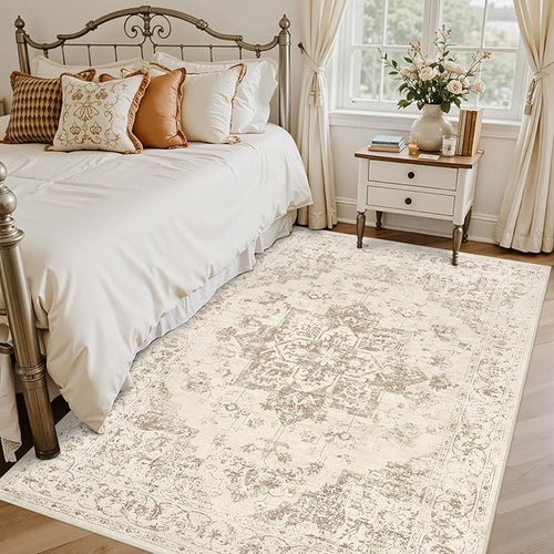 5x7 Area Rugs for Living Room: Vintage Boho Neutral Washable Rug Indoor Soft Large Area Rug Carpet for Bedroom Nursery Farmhouse Dining Room Office Floor Non-Slip Low Pile Under Table Rug Beige/Ivory