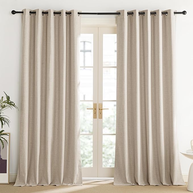 NICETOWN Cream 100% Blackout Linen Curtains 102 inch Long Burg for Living Room, 1 Pair, 62" Width Each Panel, Farmhouse Thick Completely Blackout Window Treatment Thermal Insulated Drapes