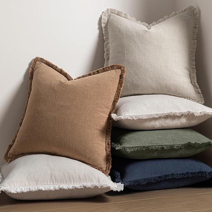 MIULEE Decorative Throw Pillow Covers Neutral Linen Fringe Throw Pillows Set of 2 Natural Beige Boho Farmhouse Cushion Covers with Tassels for Couch Sofa Bed Living Room Spring Decor 16x16 Inch