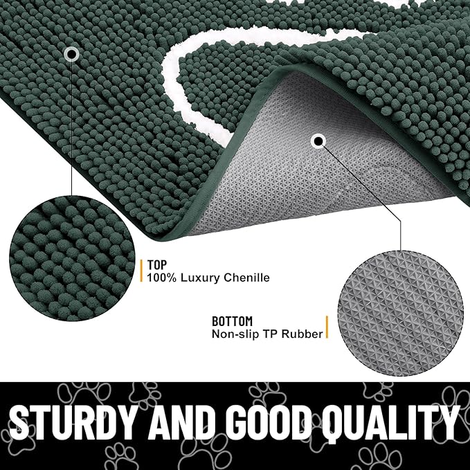Smiry Dog Door Mat for Muddy Paws, Absorbent Dirt Trapper Non Slip Quick Dry Washable Chenille Mat for Mud Dogs, Entry Rug for Indoor and Outdoor (24x16 Inches, Green and White)