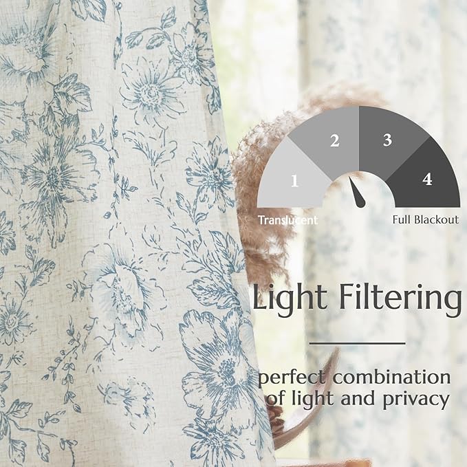 jinchan Linen Blend Curtain Floral Curtains for Living Room 96 Inch Length Blue Printed Curtain Rod Pocket Back Tab Farmhouse Peony Flower Patterned Drapes Bedroom Window Curtains Set 2 Panels