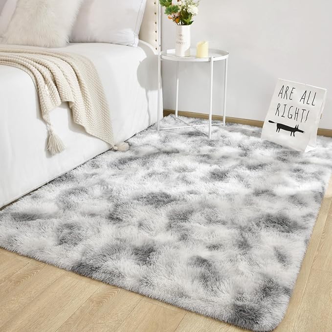 TWINNIS Super Soft Shaggy Rugs Fluffy Carpets 3x5 Feet, Indoor Modern Plush Area Rugs for Living Room Bedroom Kids Room Nursery Home Decor, Upgrade Anti-Skid Fuzzy Rug, Grey and White