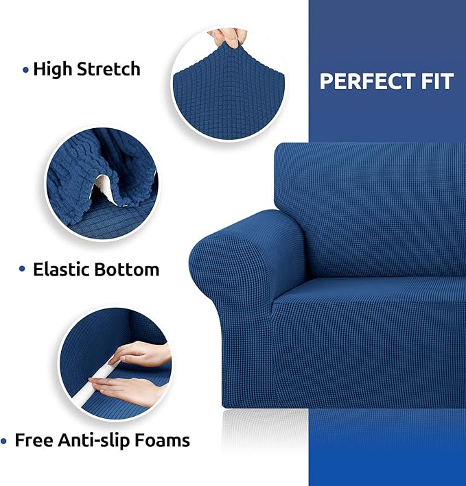 KEKUOU Stretch Sofa Cover Slipcover ，Couch Covers for 3 Cushion Couch Sofa pet Friendly (78"-94") Furniture Protector Sofa with Elastic Bottom for Kids,Dog, Jacquard Small Checked(Large,Classic Blue)