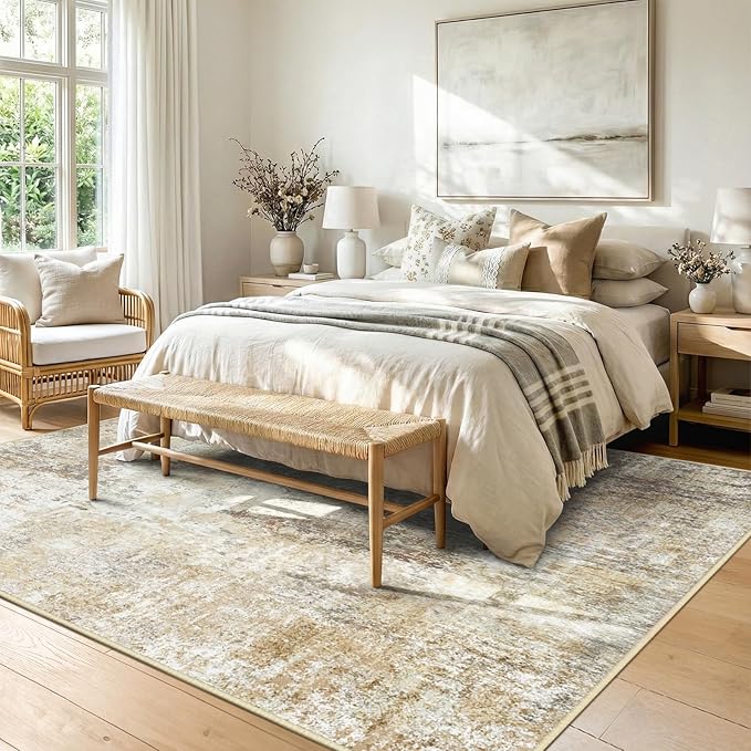 Washable Area Rugs 8'x10' Non-Slip Modern Abstract Soft for Living Room Entryway Bedroom Nursery, Print Pattern, Neutral Brown Gray