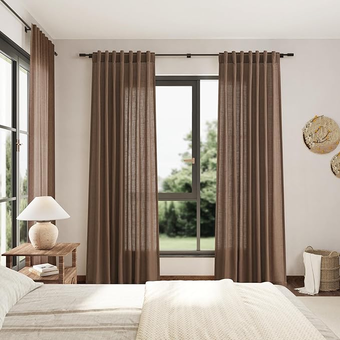 Nanspring Caramel Brown Linen Semi Sheer Curtains 72 Inches Long 2 Panels Set for Bedroom Back Tab Rod Pocket Light Filtering Privacy Drapes Cotton Textured Farmhouse Living Room Curtain 52X72