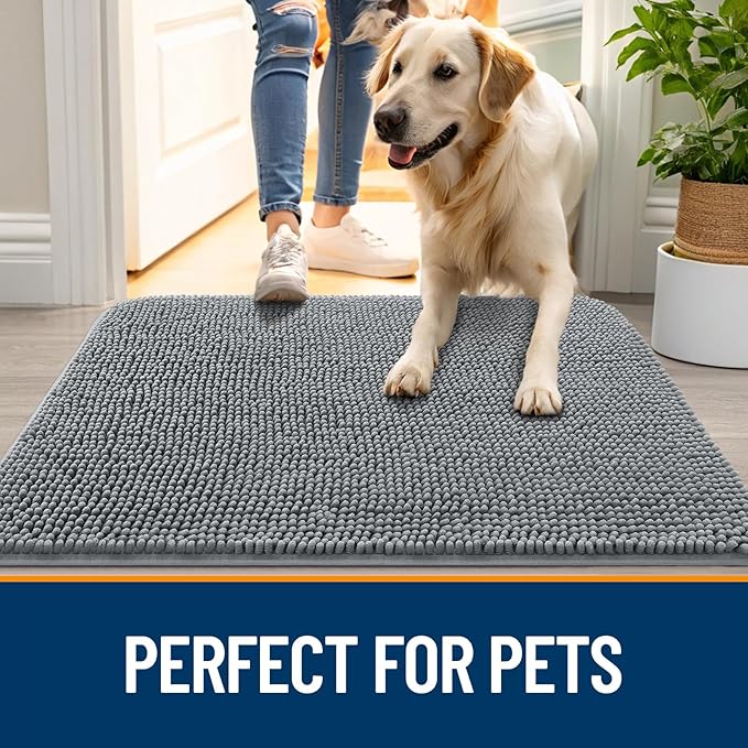 OLANLY Dog Door Mat for Muddy Paws 40x32, Absorbs Moisture and Dirt, Absorbent Non-Slip Washable Doormat, Quick Dry Chenille Mud Mat for Dogs, Entry Indoor Entryway Carpet for Inside Floor, Grey