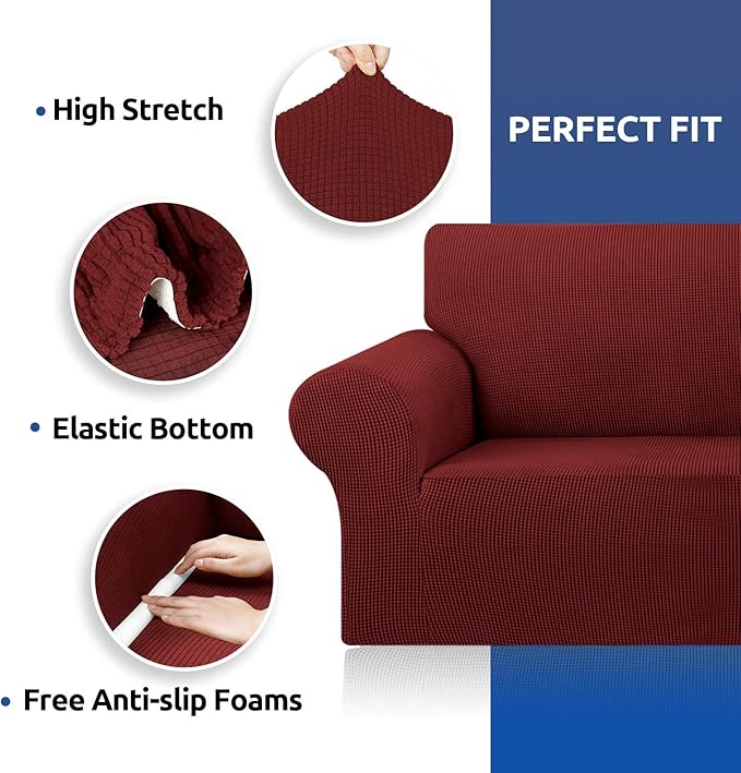 KEKUOU Stretch Single Sofa Slipcover 1 Piece Couch Sofa Cover (31"-55") Furniture Protector 1 Seater Sofa with Elastic Bottom for Kids,Pet.Jacquard Small Checked Pattern Fabric(Small,Dark Red)