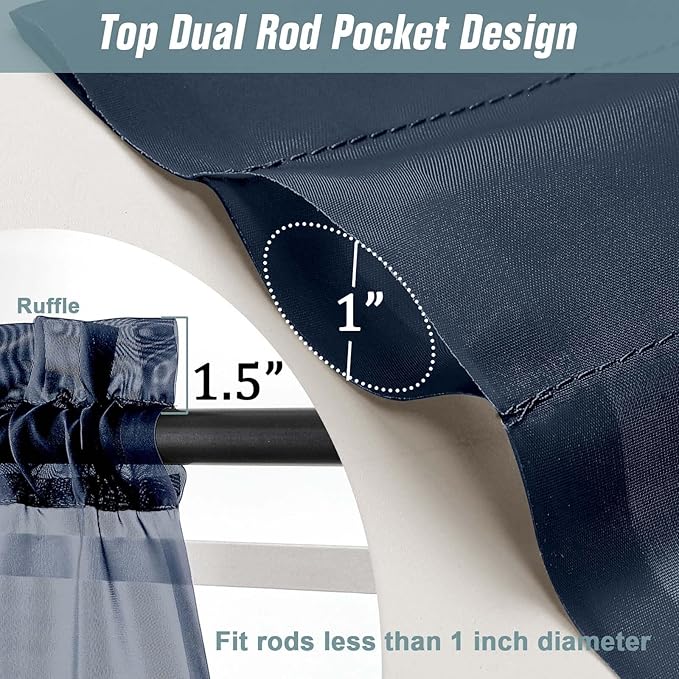 Navy Blue Sheer Curtains for Window 96 Inches Long 2 Panels, Soft Airy Light Filtering Voile Sheer Curtains for Living Room Bedroom, Dual Rod Pocket Elegant Window Drapes, 2x42Wx96L Inches