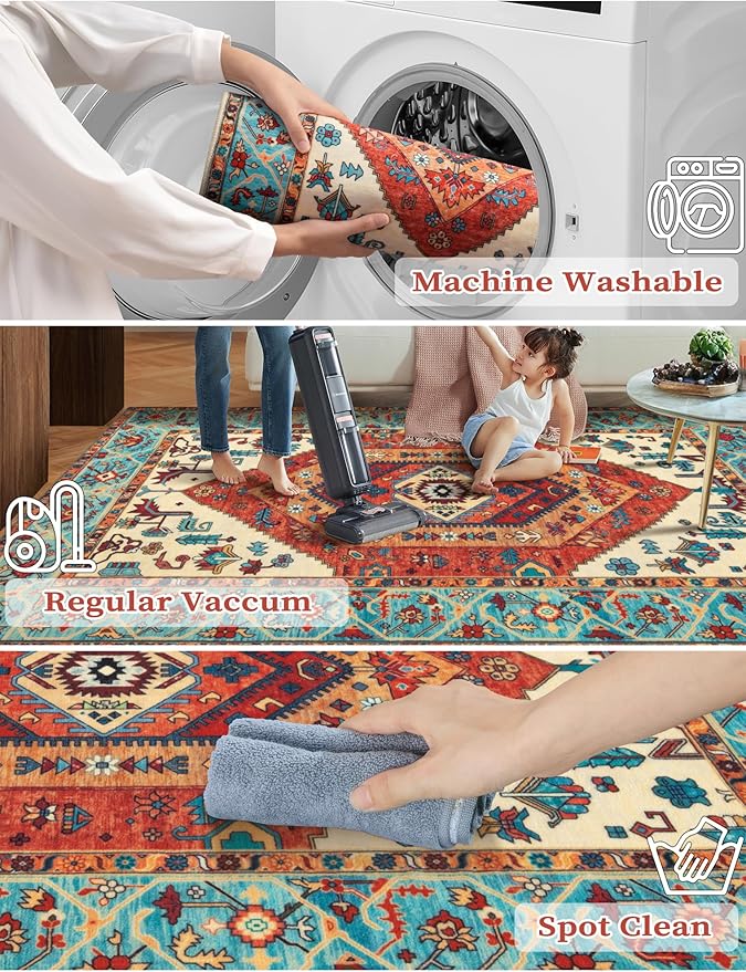 SERISSA Runner Rug for Hallways, 3x10 Washable Non Slip Kitchen Runner Rug, Long Boho Rug Vintage Orange Hallway Stair Ultra Soft Print Floor Carpet for Bedroom Bathroom Laundry Room