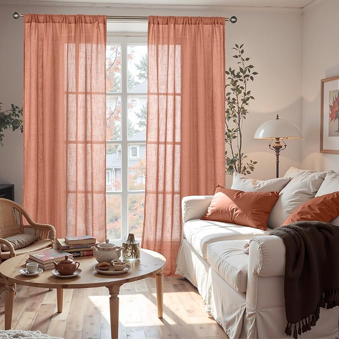 BGment Terracotta 96 Inches Long Linen Curtains for Living Room, Semi Sheer Window Drapes Rustic Textured for Farmhouse Bedroom Dining Room Rod Pocket Boho Lightweight, 2 Panels Set, Each 52 Inch Wide