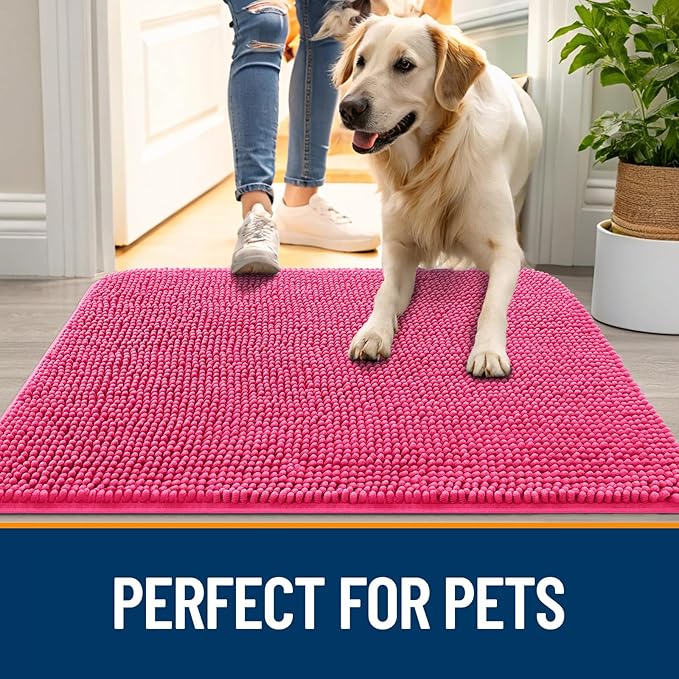 OLANLY Dog Door Mat for Muddy Paws 45x27, Absorbs Moisture and Dirt, Absorbent Non-Slip Washable Doormat, Quick Dry Chenille Mud Mat for Dogs, Entry Indoor Entryway Carpet for Inside Floor, Hot Pink