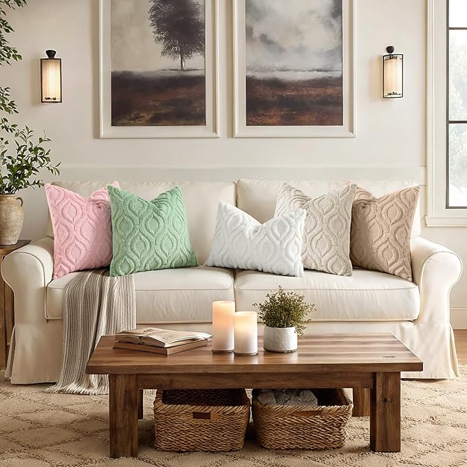 decorUhome Throw Pillow Covers 24x24 Inch Set of 2, Soft Plush Faux Wool Pink Solid Couch Pillow Covers, Accent Euro Sham Farmhouse Neutral Square Pillow Cases for Sofa Bed Living Room