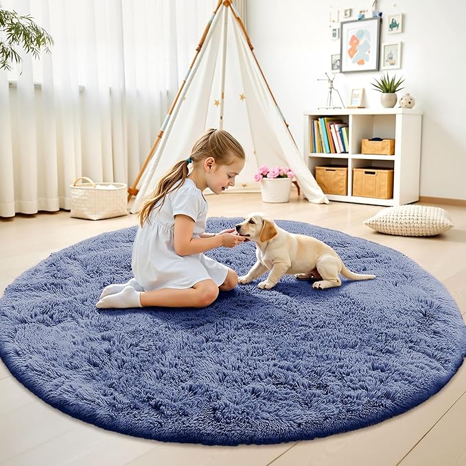 OLANLY Denim Blue Round Rugs for Bedroom - Machine Washable, 5 ft Circle Area Rugs for Living Room, Soft and Fluffy Shaggy Carpet for Teen Girl and Boys, Nursery Rooms, Dorms, Home Decor Aesthetic