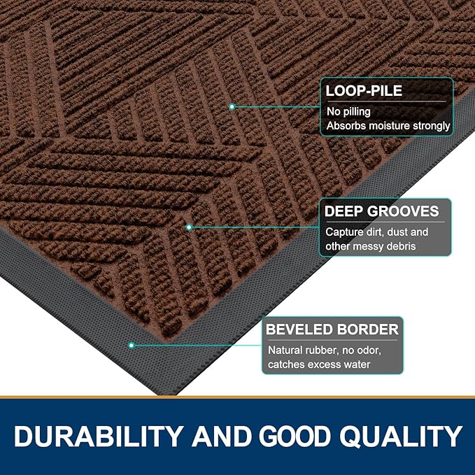 Smiry Front Door Mat Outside Entrance, Heavy Duty Sturdy Natural Rubber Doormat, Trap Dirt and Moisture, Easy Clean Low Profile Mats for Indoor Outdoor Entry, Irregular Triangle (47x32, Deep Coffee)