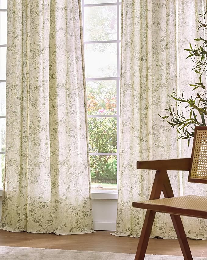 Lazzzy Floral Linen Curtains Farmhouse Extra Long Curtain for Living Room Bedroom Light Filtering Vintage Rod Pocket Back Tab Drapes for Home, 2 Panels, Green on Beige, W38 X L108