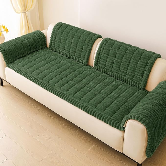 hyha Couch Covers for Dogs Washable, Non Slip Plush Dog Sofa Protectors, Fuzzy Pet Couch Covers for 3 Cushion Sofa Pet Friendly (Dark Green, 27.6" x 82.7")