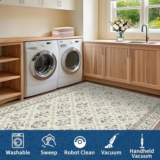 6x9 Machine Washable Area Rugs for Living Room Floral Stain Resistant Soft Carpet Vintage Low Pile Non Slip Non-Shedding Floor Carpet Rugs for Bedroom Nursery Beige